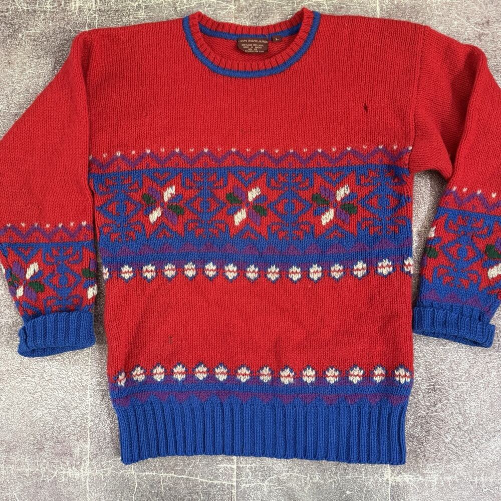 Men's Vintage 90's Chaps Ralph Lauren Wool Red Blue Nordic Crewneck Sweater Sz L